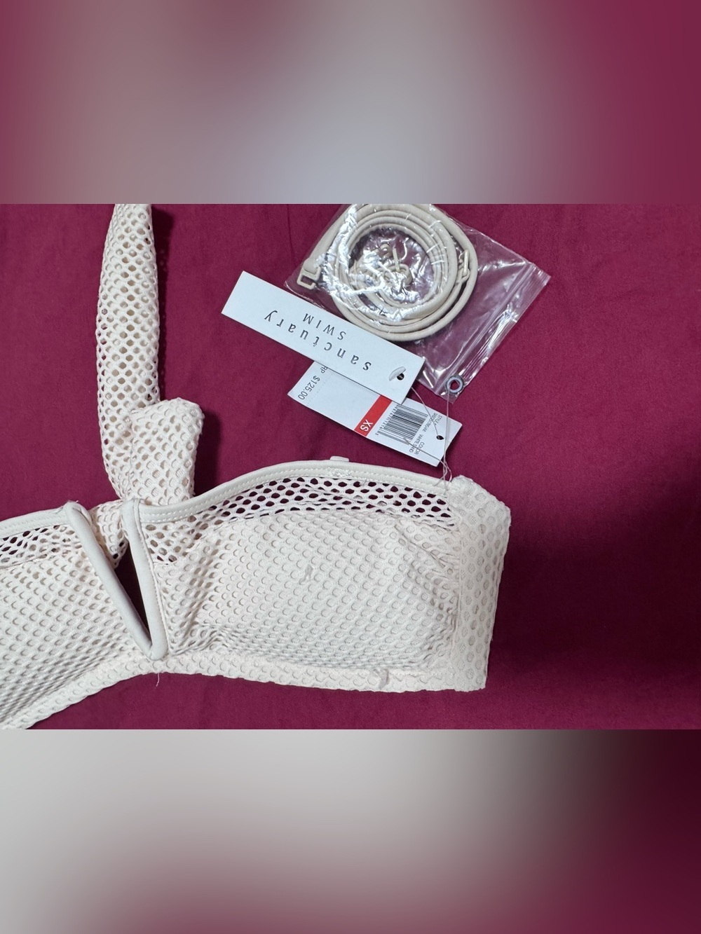 $125 Sanctuary Women's Mesh V-Wire Bandeau Bikini Top Swim White Sand XS NWT - Picture 2 of 7